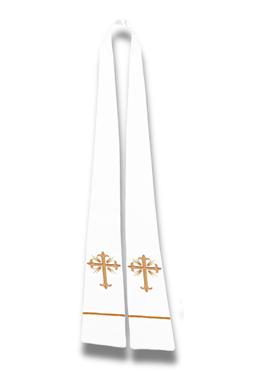 A white liturgical stole with two gold embroidered crosses and a thin gold horizontal stripe near the bottom, shown on a plain white background.