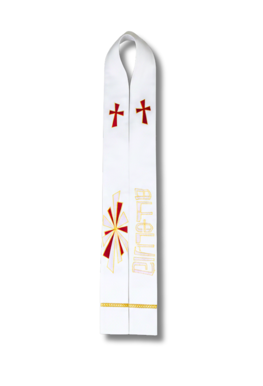 A white liturgical vestment, likely a chasuble or stole, featuring embroidered red crosses, a red and gold Chi-Rho symbol, and gold lettering on a plain white background.