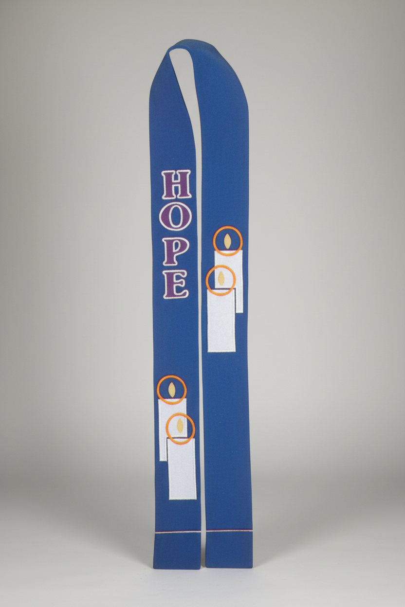 Blue skis with 'HOPE' and light bulb design on a white background