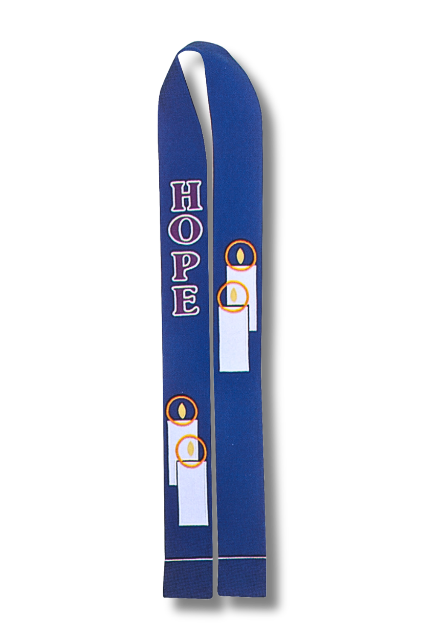 A blue Catholic liturgical vestment, specifically a scapular, featuring the word 'HOPE' in white with a red outline and illustrations of white candles with orange flames.