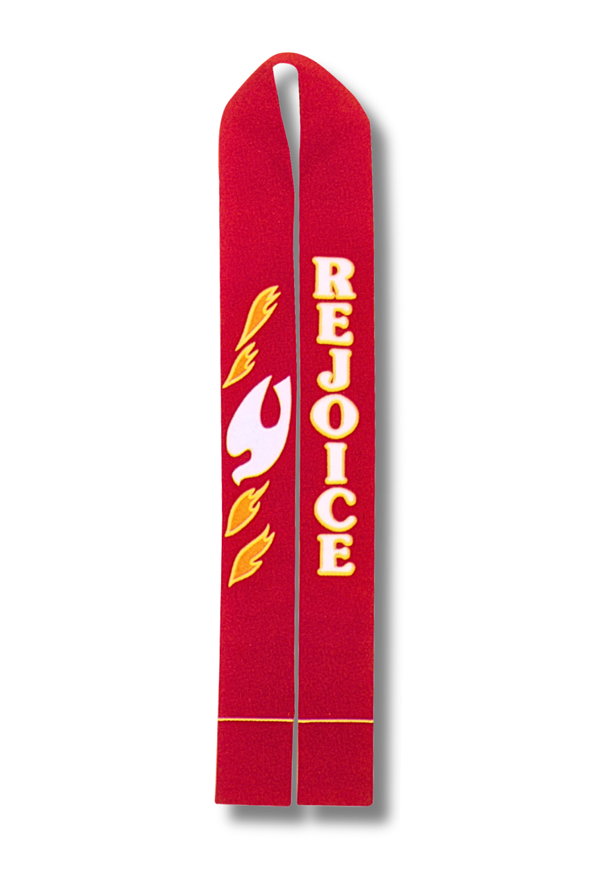 A red woolen church scapular with 'REJOICE' embroidered in white and yellow, accompanied by yellow flames and a white dove design, shown on a white background.