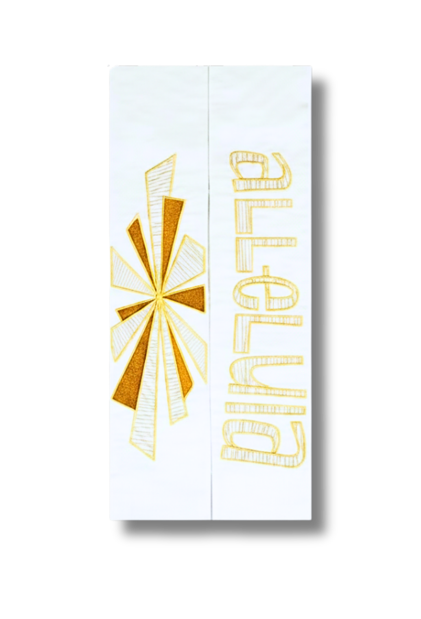 A white rectangular decorative plaque or sign with gold embroidered text reading 'alleluia' and a gold-and-white starburst motif, shown on a light gray background.