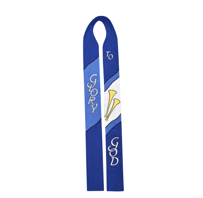 Blue bookmark with 'To Glory God' text and a trumpet symbol on a white background