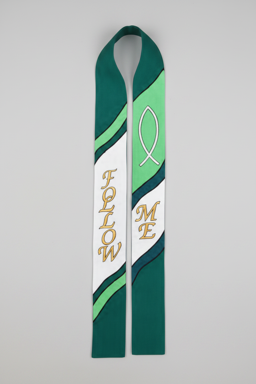 Decorative ribbon with 'Follow Me' text and fish symbol on a white background