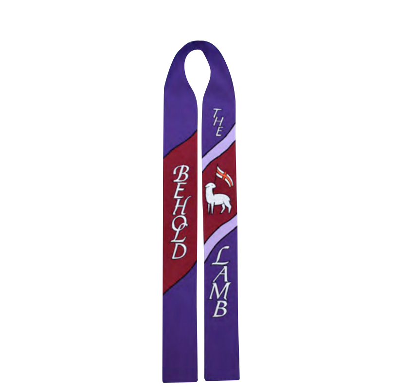 Purple and red bookmark with 'Behold the Lamb' text and lamb illustration on a white background