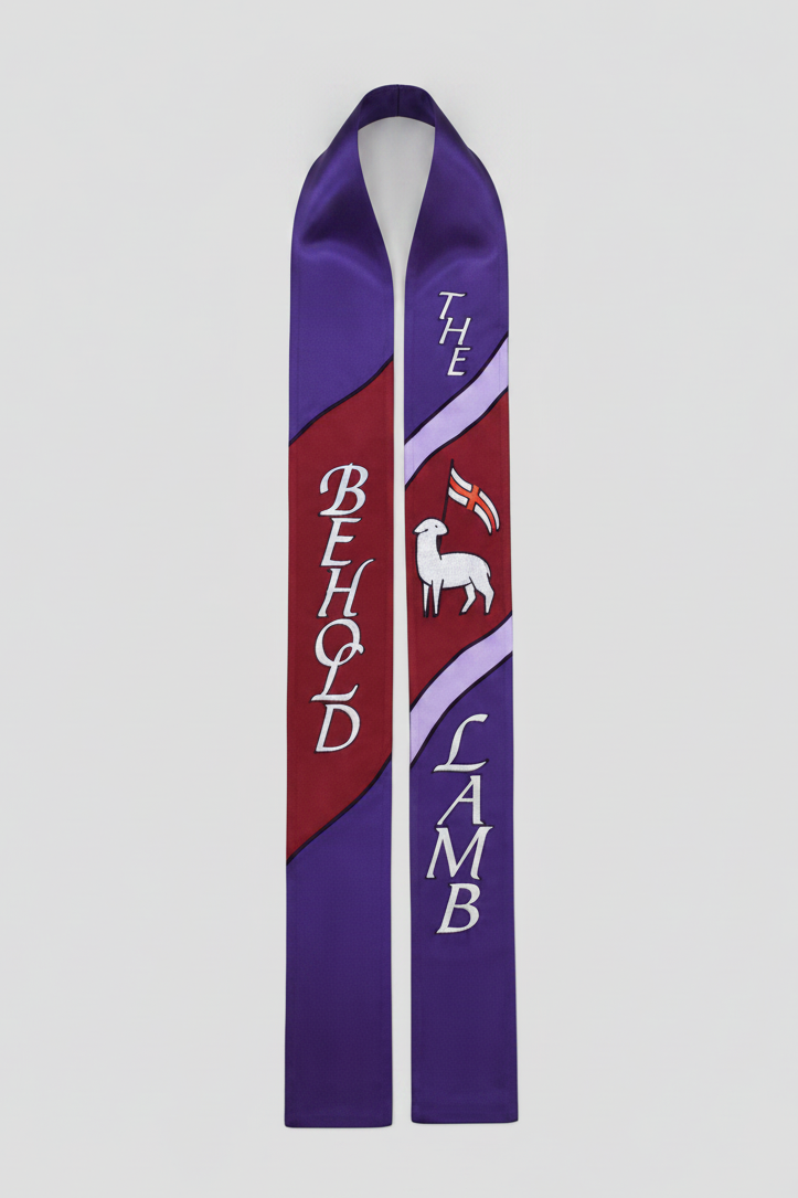 Purple and red bookmark with 'Behold the Lamb' text and lamb illustration on a white background