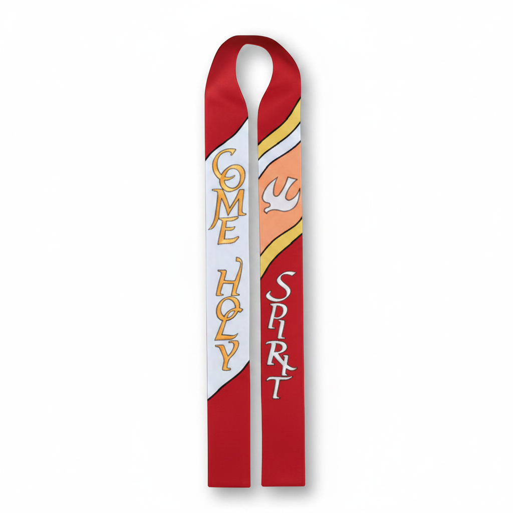 Red and white striped banner with 'Come Holy Spirit' text and dove symbol on a white background