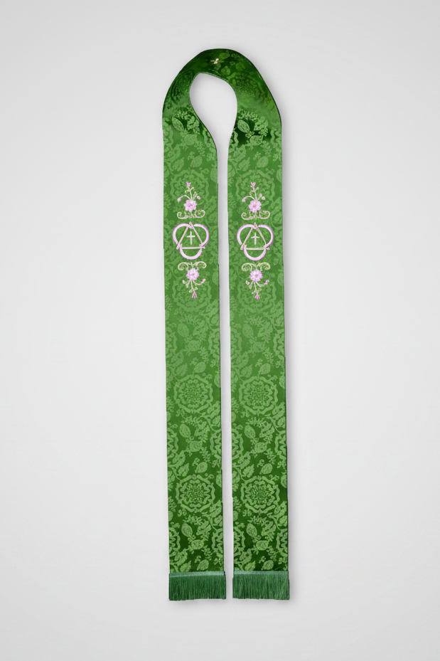 Green scarf with floral patterns on a white background