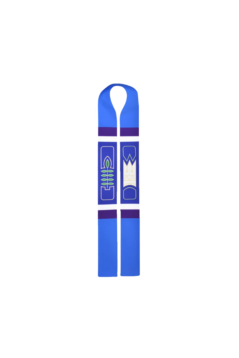 Blue with a logo on a white background