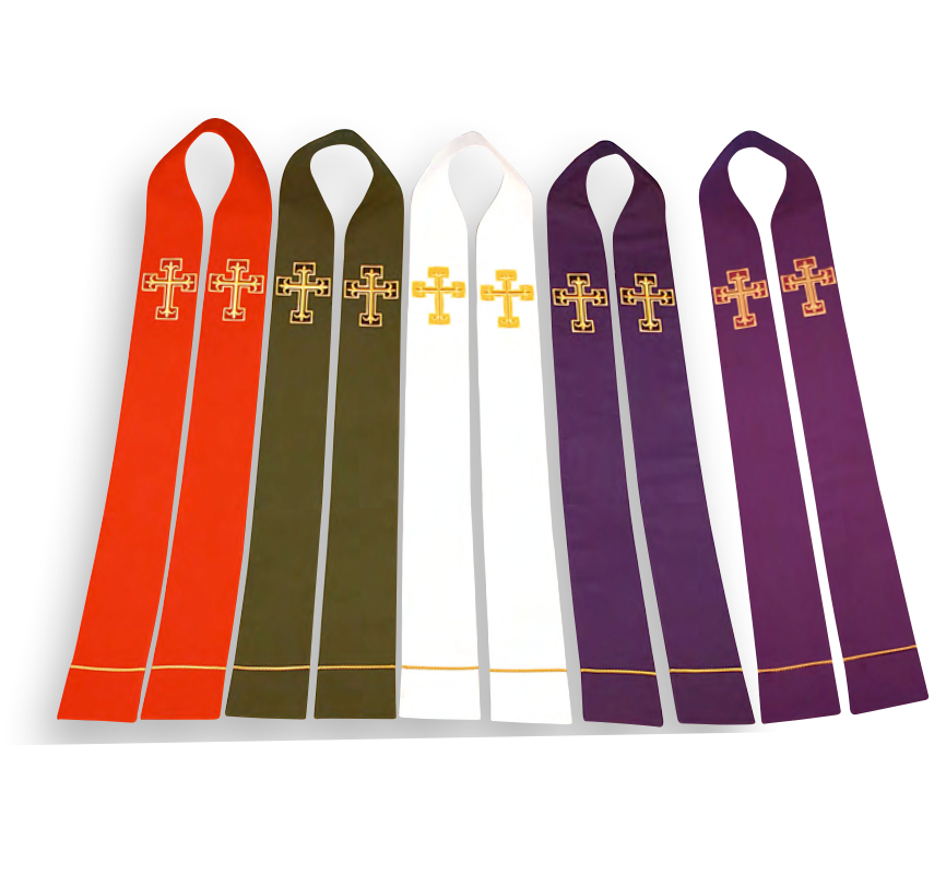 Set of five ribbons in red, green, white, and purple with gold crosses on a white background