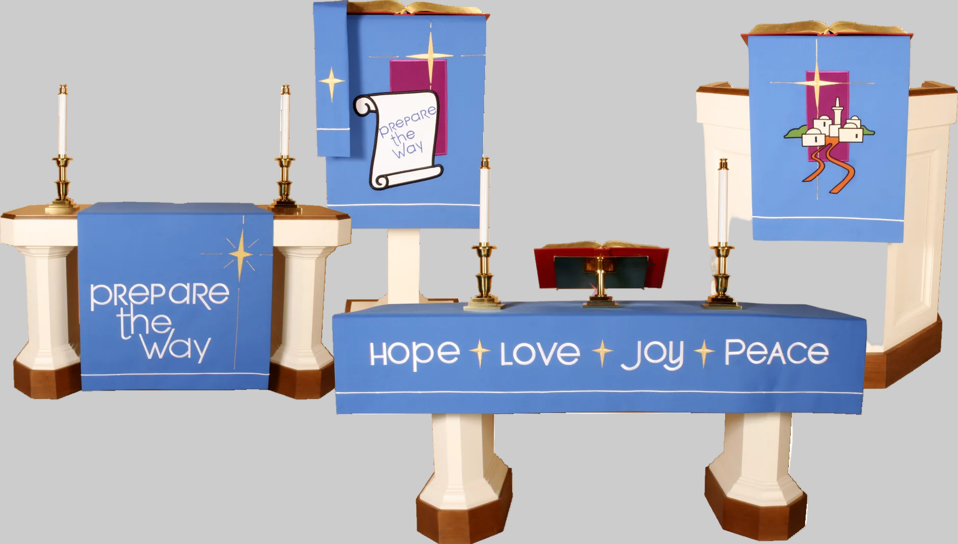 Decorative table setting with blue banners and religious symbols on a white background
