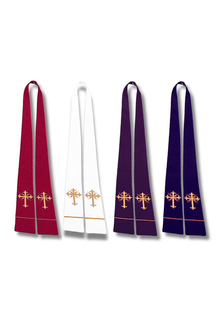 Four liturgical vestments or draped altar cloaks are shown hanging side by side against a white background: burgundy, white, purple, and navy, each with embroidered gold crosses and decorative trim near the lower ends.