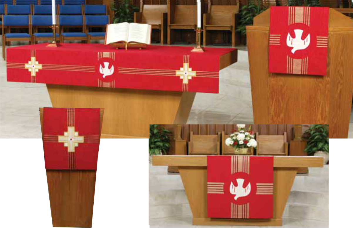 Wooden pulpit with red and gold decorative coverings featuring a dove emblem, set against a church interior.
