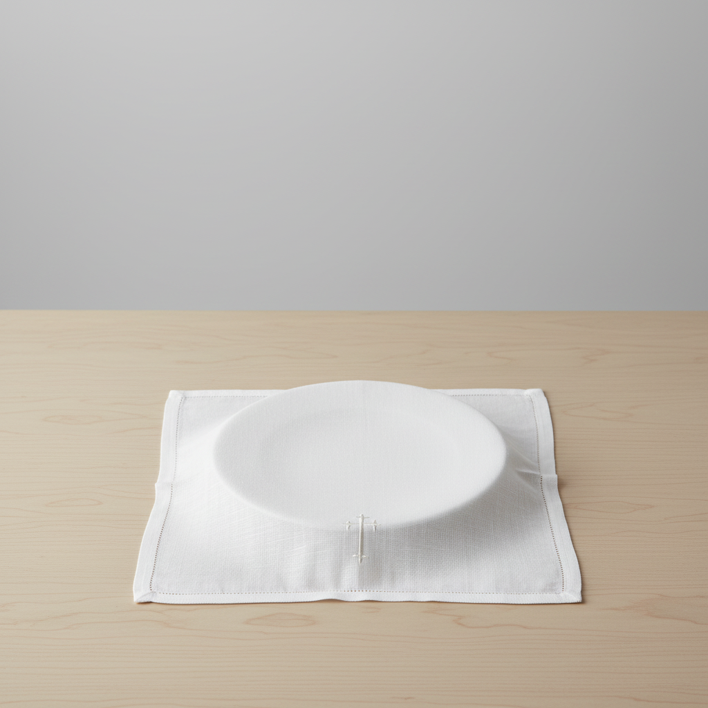 White circular object on a red background with a white square border