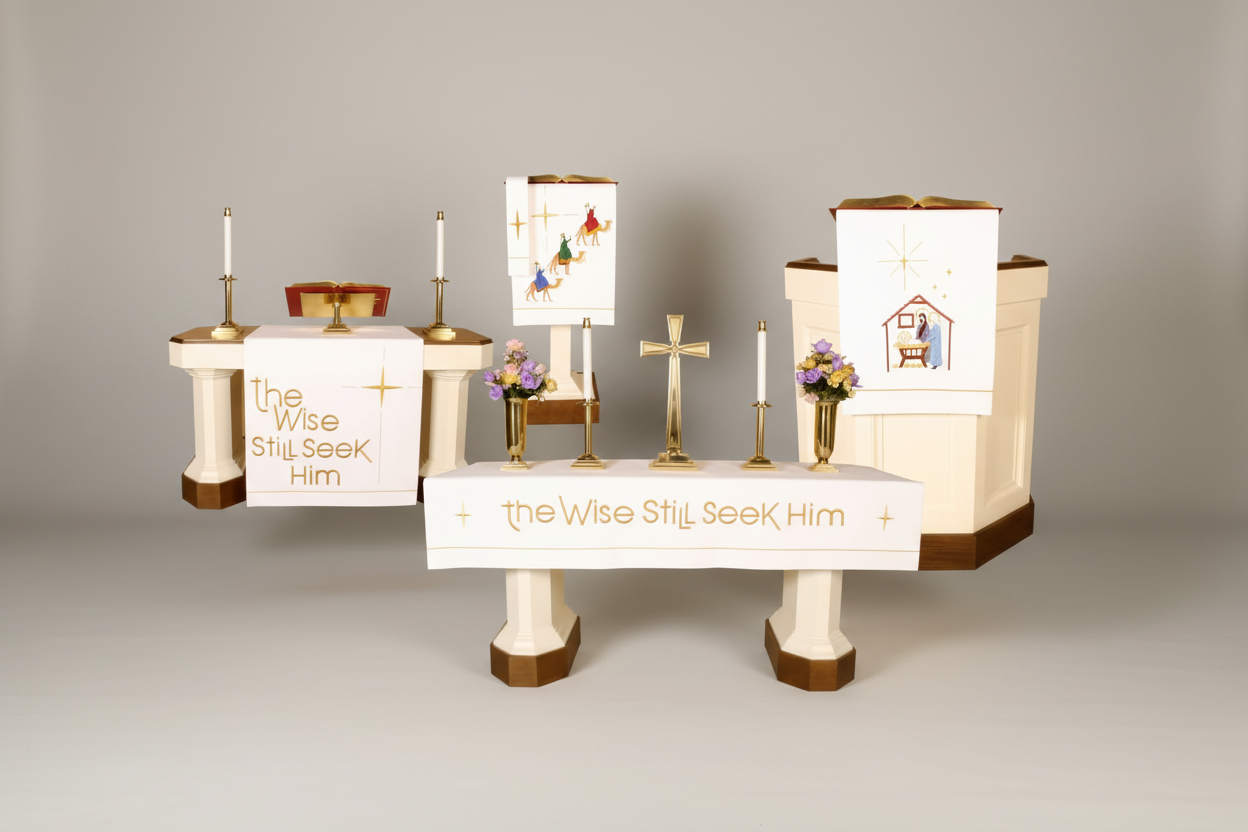 Decorative table setup with religious symbols and text on a white background