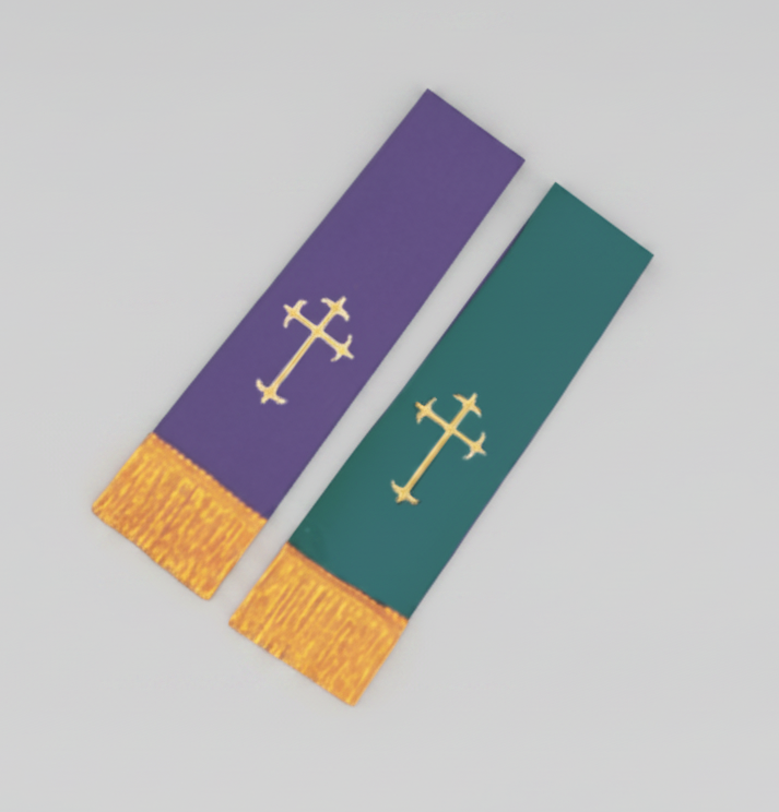 Two striped ribbons, one purple and gold, the other green and gold, on a white background.