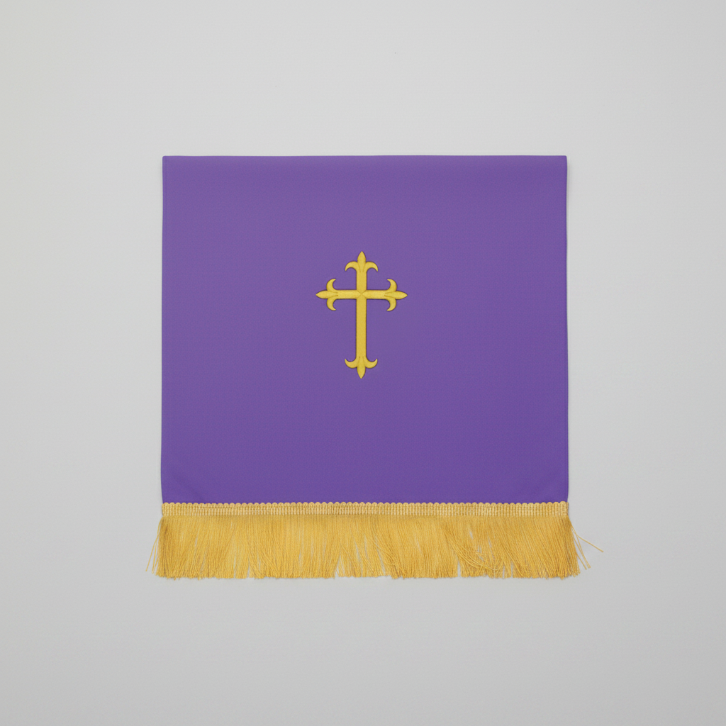 Purple cloth with a gold cross and green corner on a white background
