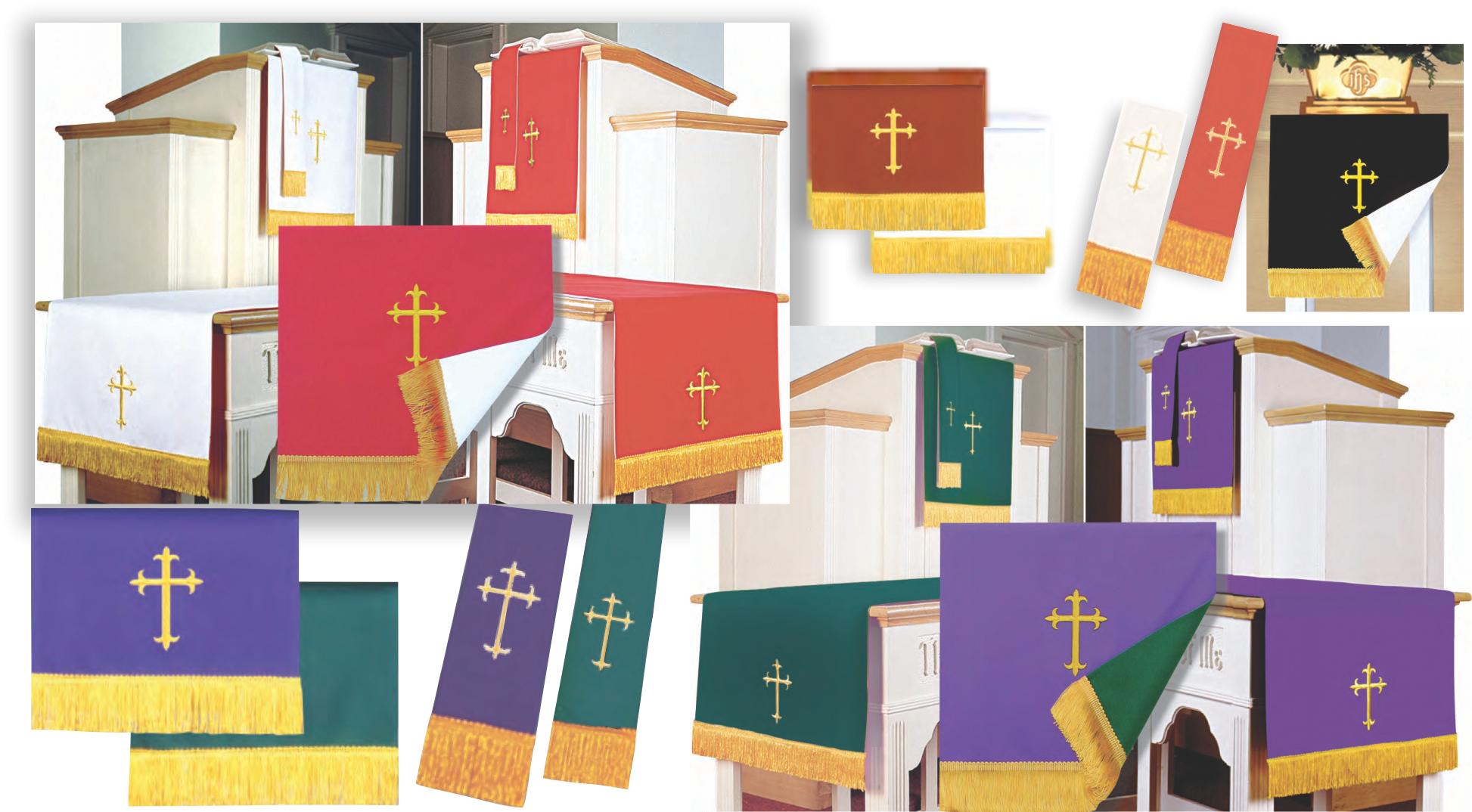 Set of church altar cloths in various colors with crosses, displayed against a white background.