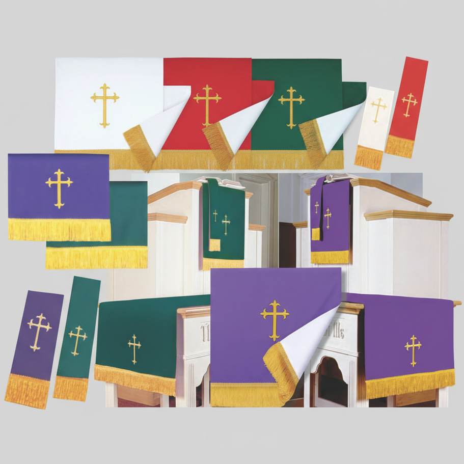 Collage of church altar cloths with crosses in various colors and designs.