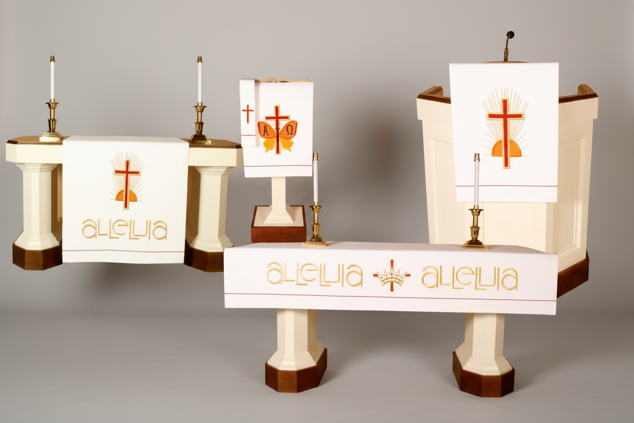 Altar set with cross symbols and 'Aelia' branding on a white background