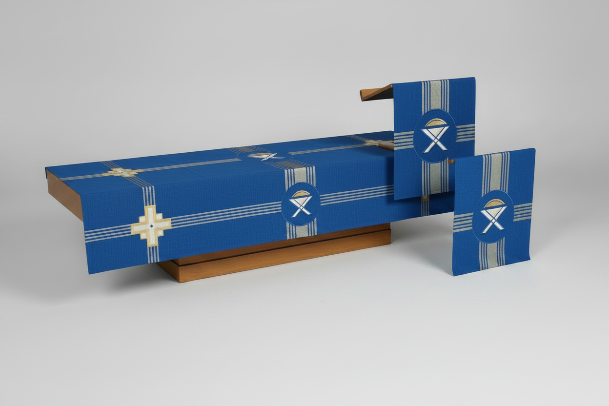 Pulpit with blue decorative cover featuring a cross symbol in a church setting. Different options