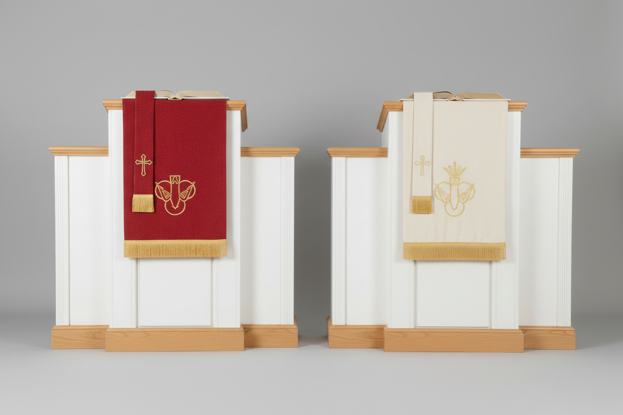 Pulpit with red and gold fabric draped over it, featuring religious symbols.