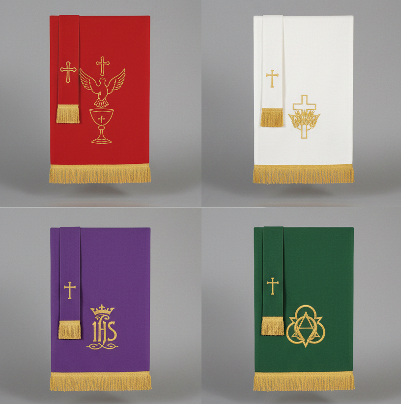 Set of four images showing pulpit covers in red, white, green, and purple with gold accents.