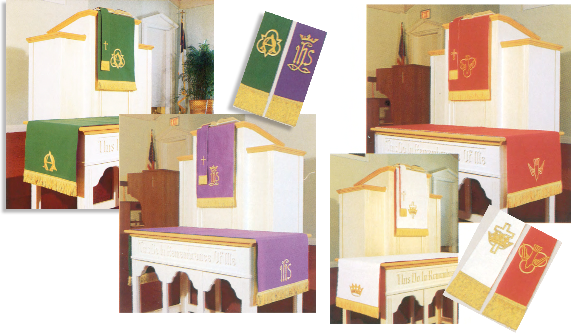 Set of liturgical banners and tablecloths with religious symbols on a white background
