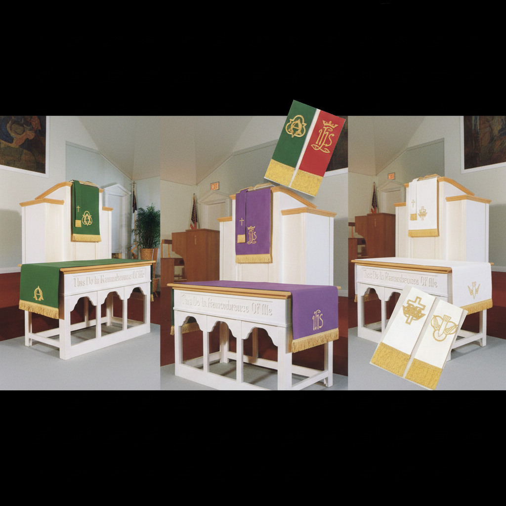 Set of liturgical banners and tablecloths with religious symbols on a white background