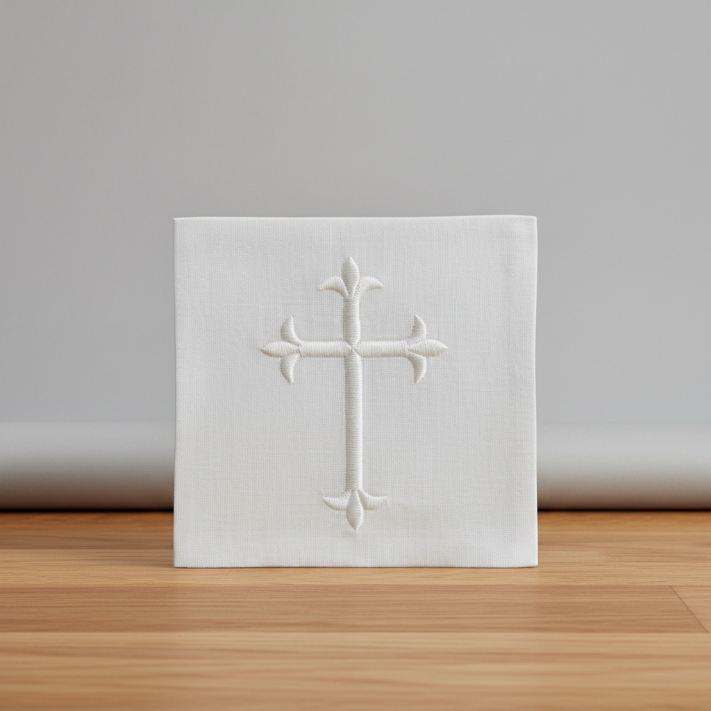 Decorative white cross on a textured gray background