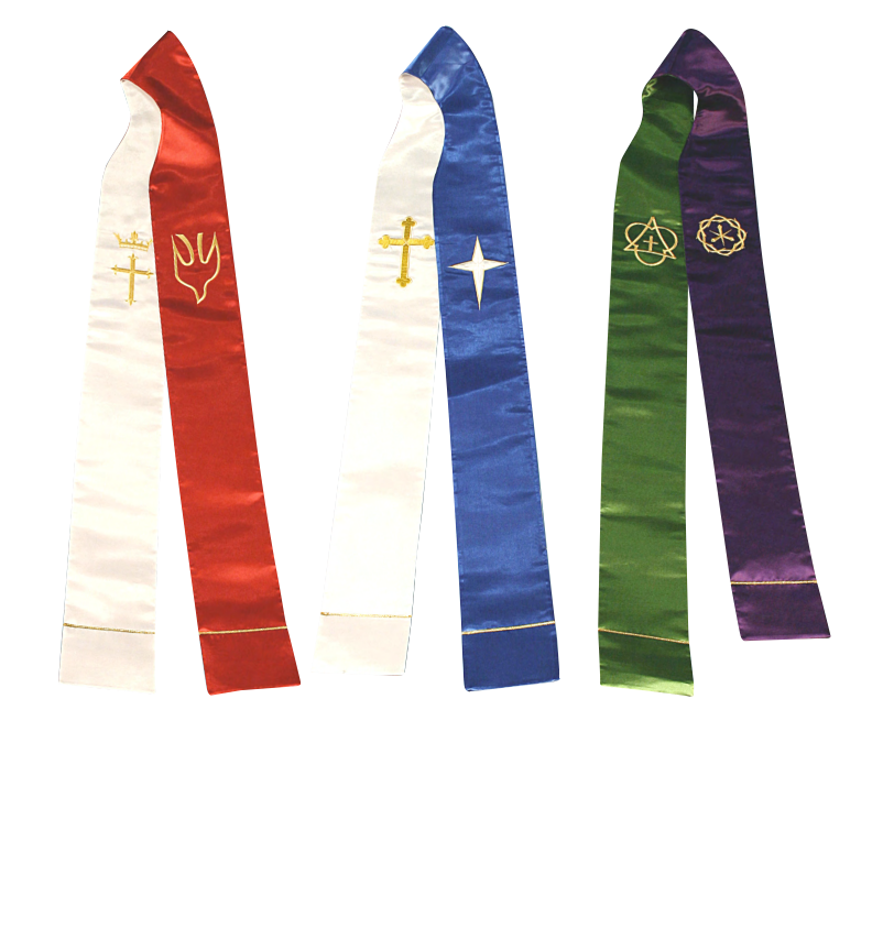 Four colorful stoles with symbols on a white background