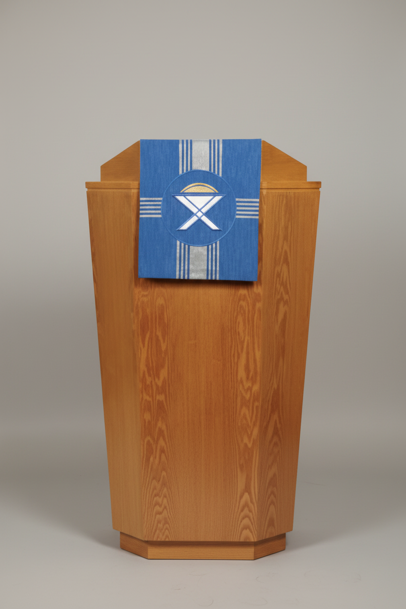 Wooden lectern with a blue and white decorative cloth draped over it