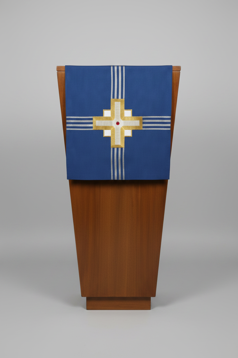 Blue cloth with a gold cross on a wooden stand