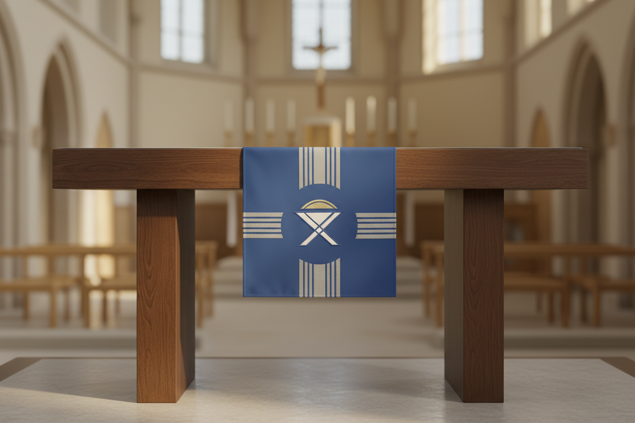 Pulpit with a blue and white decorative cloth in a church setting