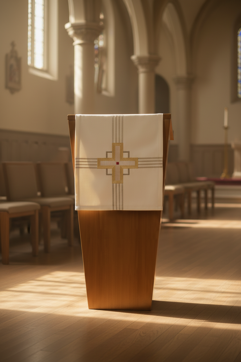 Pulpit cover with cross design on a white background