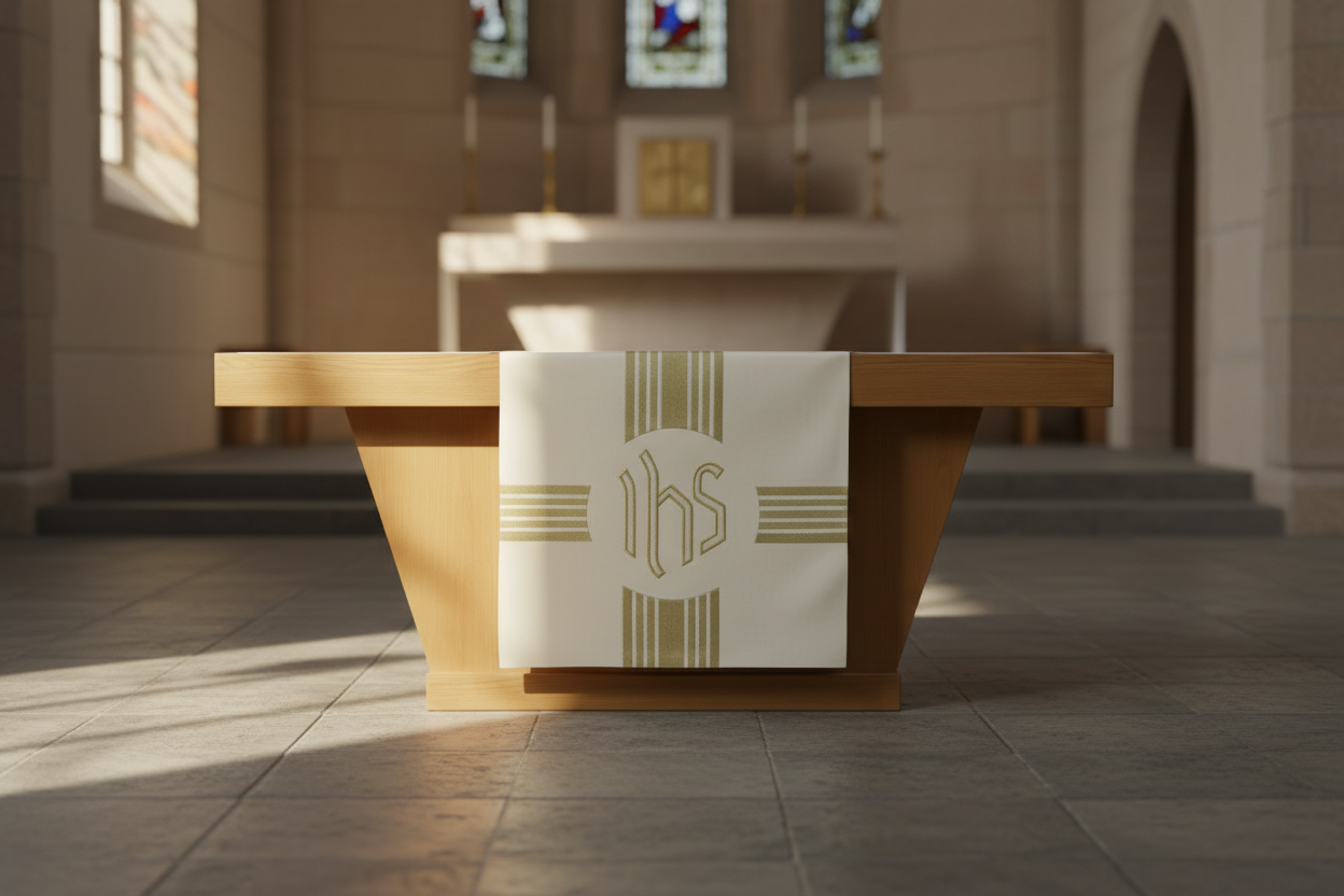 Wooden altar with a white cloth featuring 'IHS' symbol, set against a wooden pew and floral arrangement.