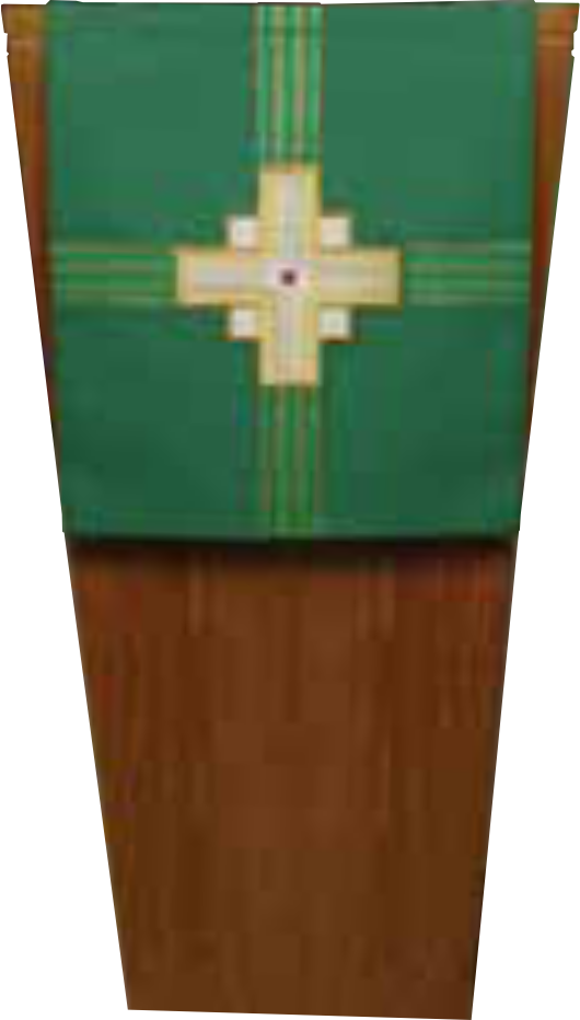Green stole with a cross design on a wooden stand