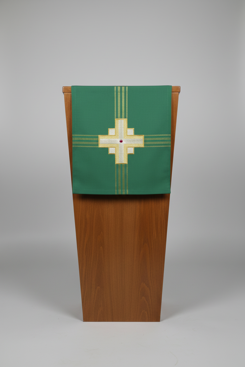 Green stole with a cross design on a wooden stand