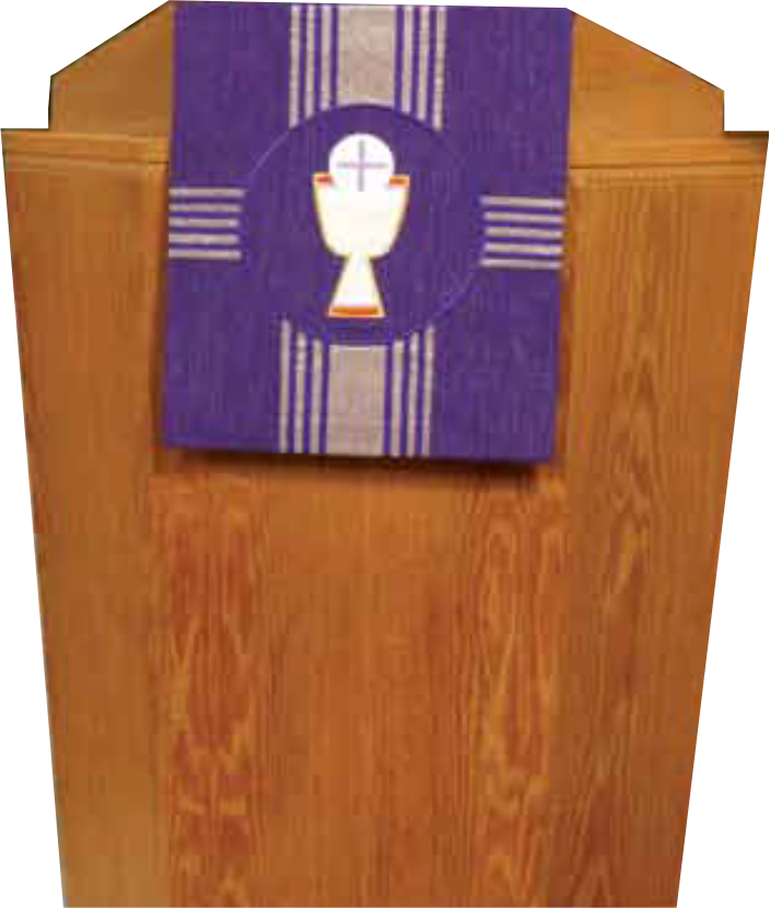 Wooden lectern with a purple cloth featuring a chalice and cross design.