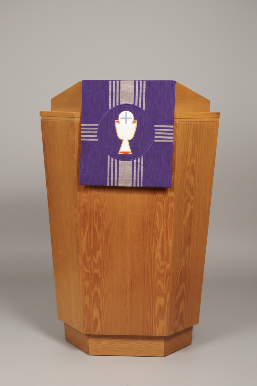 Wooden lectern with a purple cloth featuring a chalice and cross design.