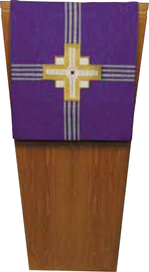 Purple fabric with a gold cross on a wooden lectern