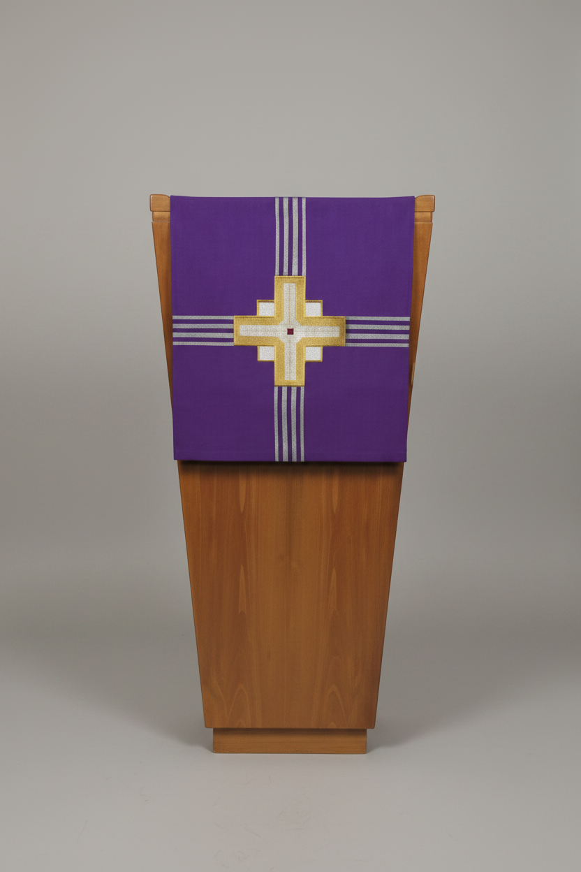 Purple fabric with a gold cross on a wooden lectern