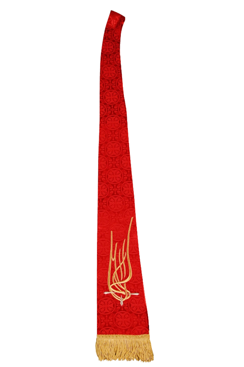 Red scarf with gold fringe and emblem on a white background