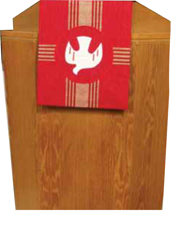 Wooden lectern with a red and beige banner featuring a white dove symbol.