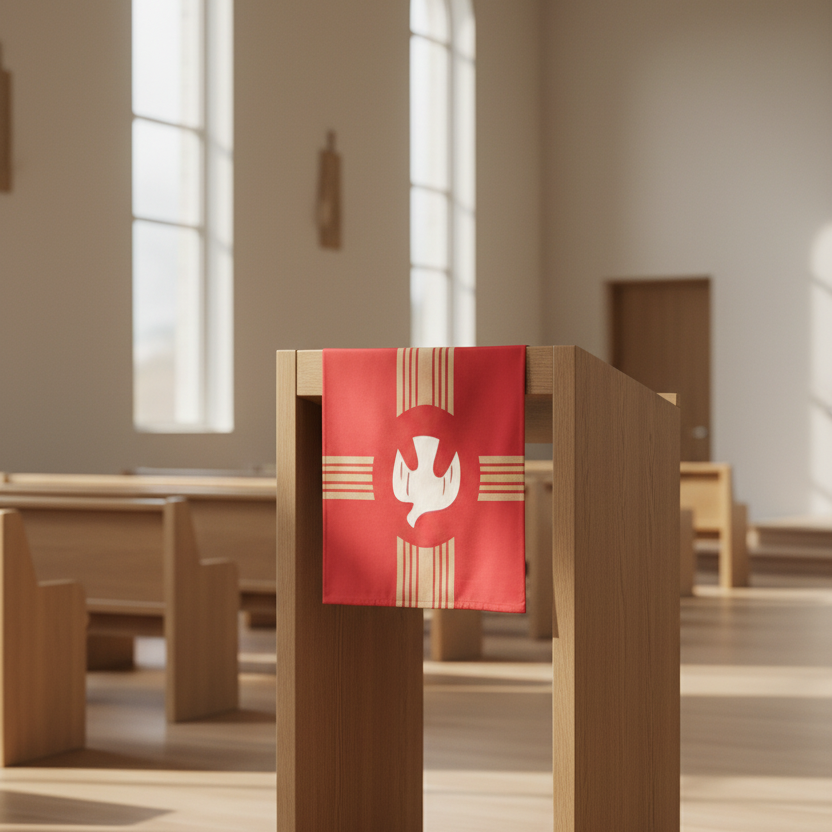 Red cloth with a white dove design draped over a wooden table in a church setting.
