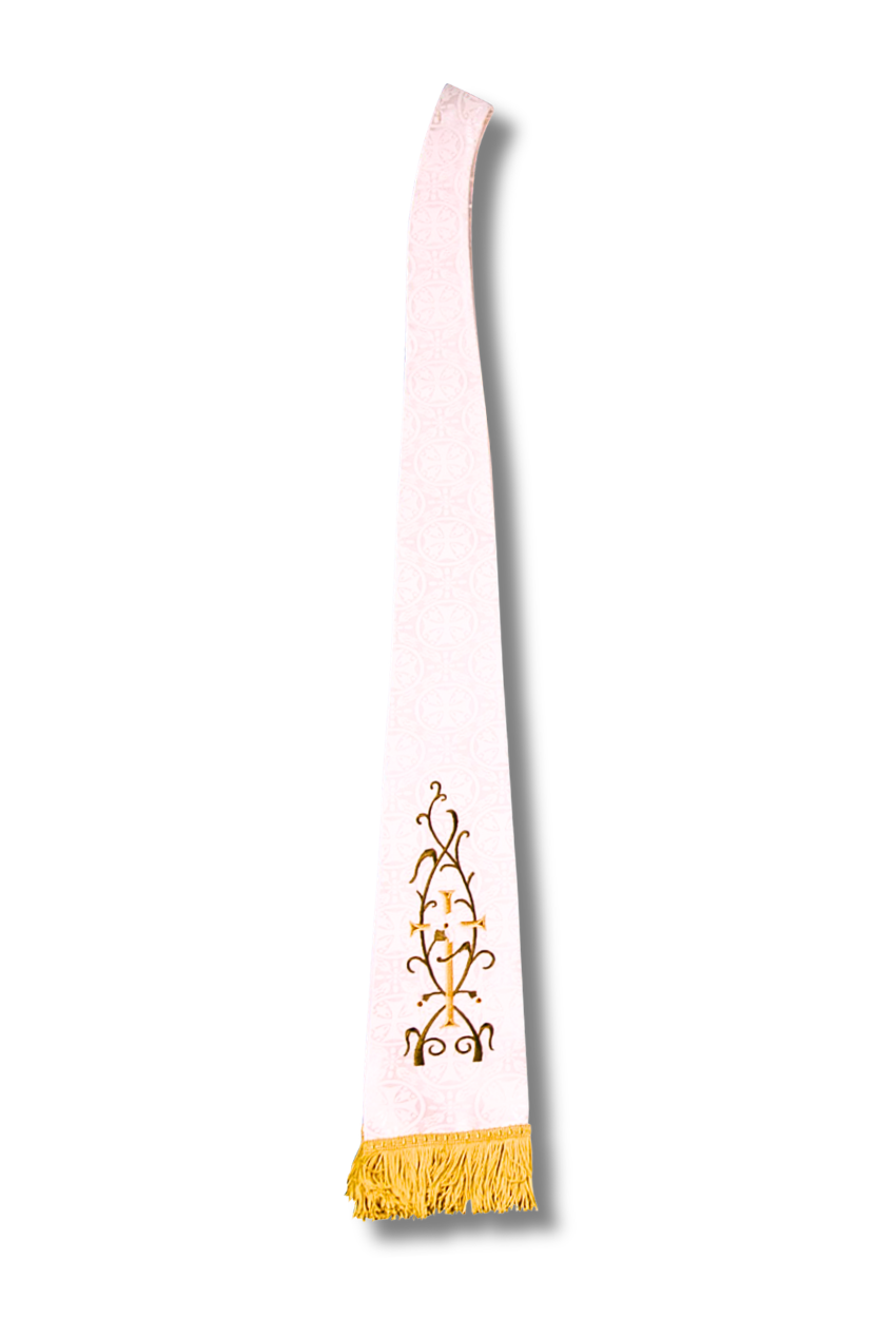 A white liturgical stole with a gold embroidered floral motif and a gold fringe at the bottom, shown against a plain white background.