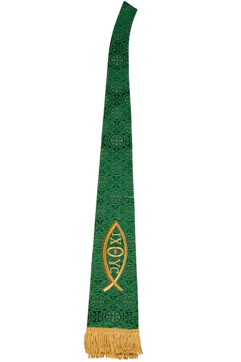 Green stole with gold fish symbol on a green background
