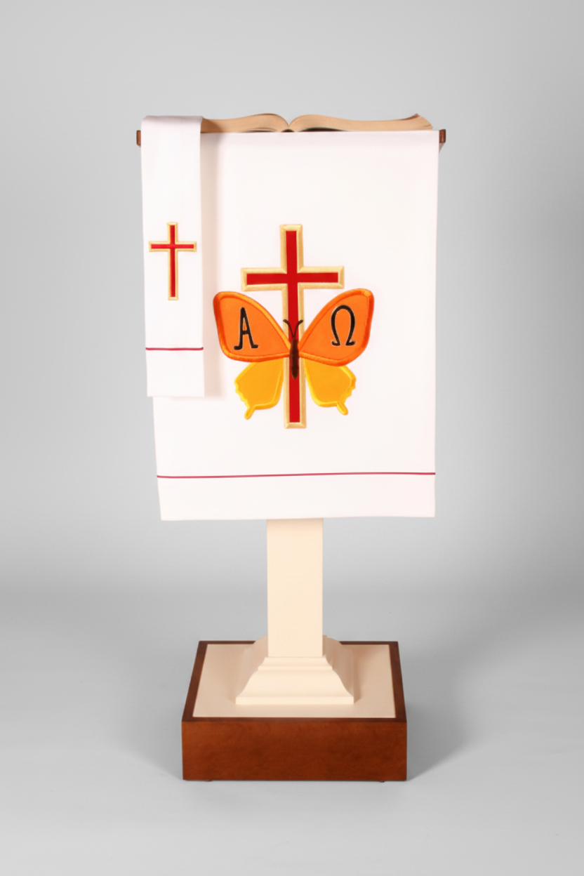 Pulpit cover with cross, butterfly, and religious symbols on a stand