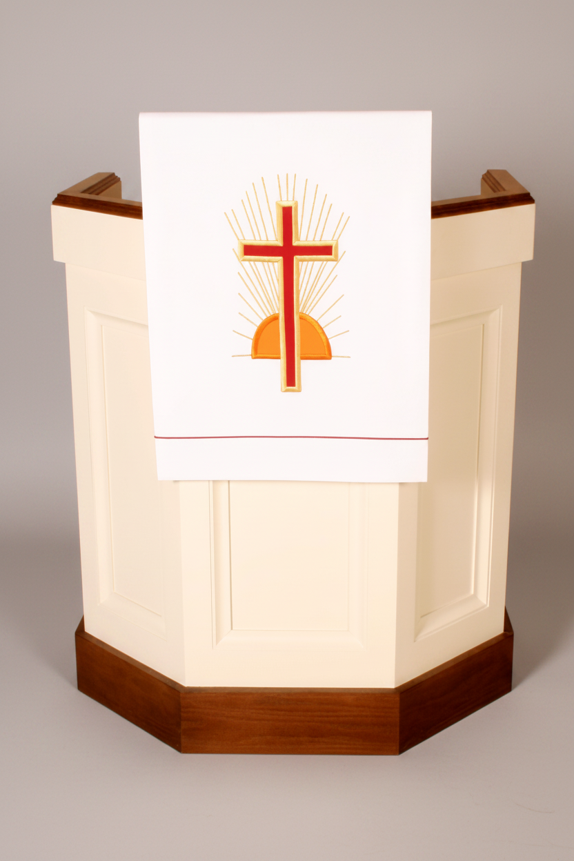Pulpit with a white cloth featuring a red cross and sunburst design on a white background