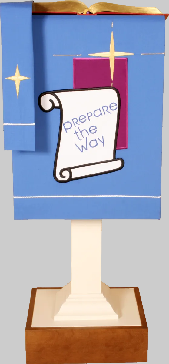 Decorative stand with a blue box, purple candle, and white scroll with 'Prepare the Way' text on a white background.